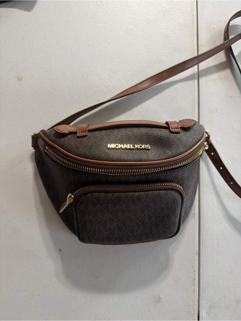 Michael Kors Dark Brown Logo Belt Bag with Gold Hardware